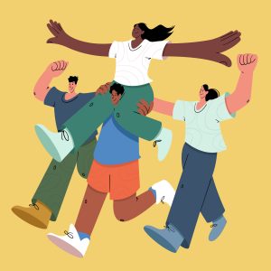 Lifeline-A-r002 Illustrated image of one person being carried on shoulders of another, flanked by two others.